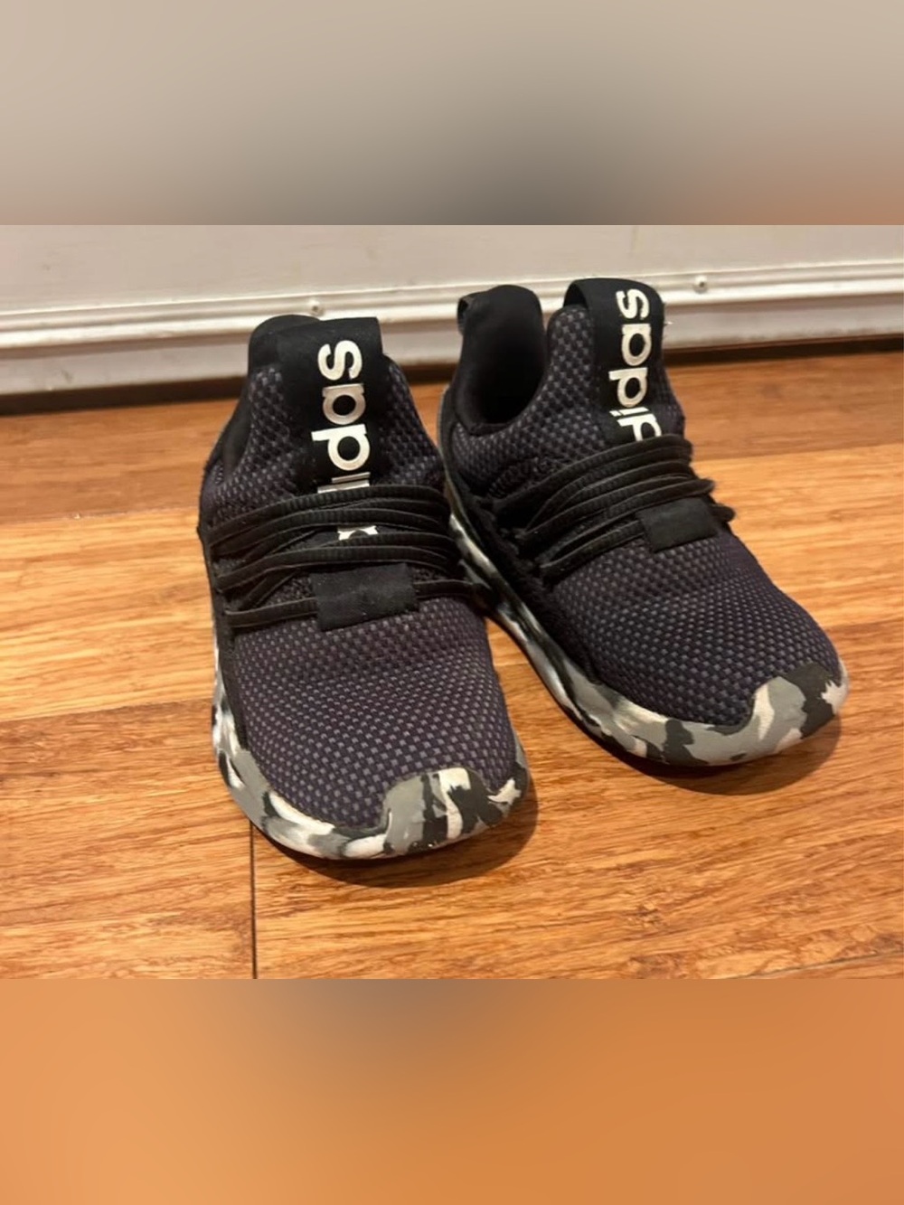 adidas Kids Black Knit Sneakers with Gray Camo Sole